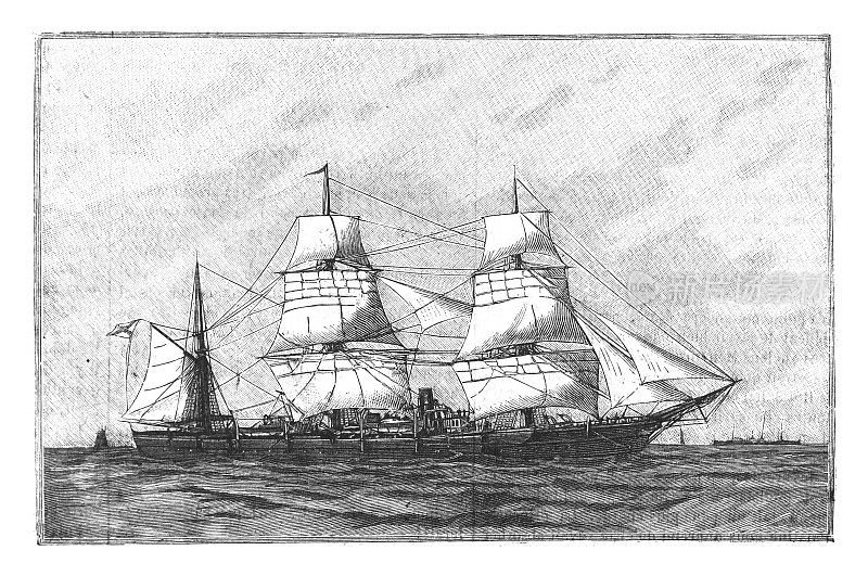 俄罗斯海军舰艇Rynda(1886-1922) -古董雕刻插图孤立在白色背景